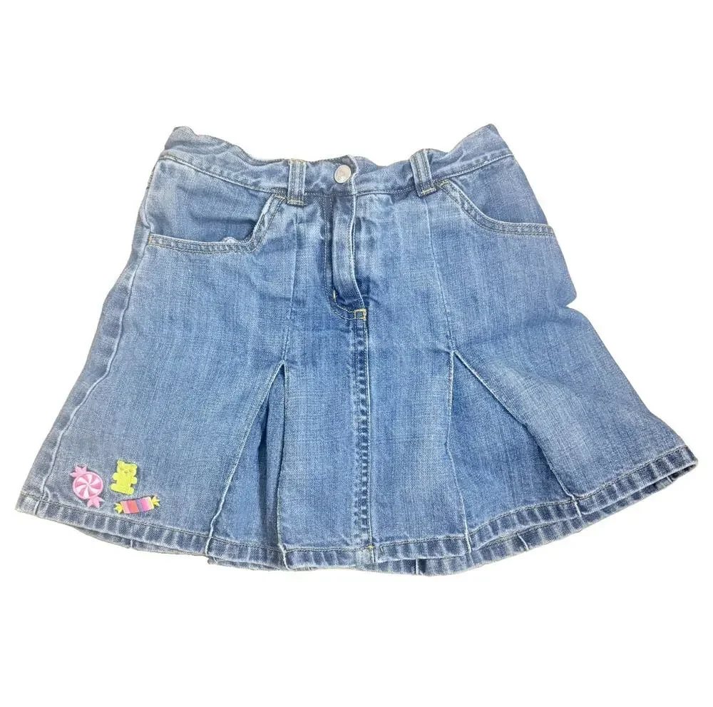 Gymboree Girls Size 8 Blue Denim Pleated Skirt Embroidered Candy Button